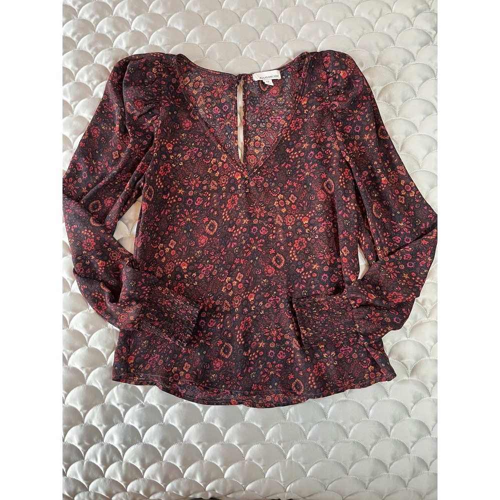 Allison Joy Evereve Tessa V Neck Puff Blouse Size XS Burgundy Autumn Moody